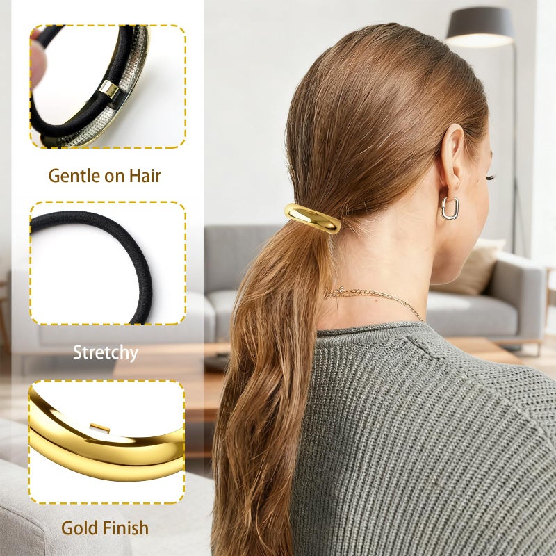 ٤ ربطات شعر معدنية ذهبية للنساء - ربطات شعر مرنة بتصميم هندسي للشعر الكثيف، ربطات شعر مرنة، إكسسوارات شعر أنيقة لا تسبب تلف الشعر، وهدايا مثالية لعيد الميلاد - Image 3